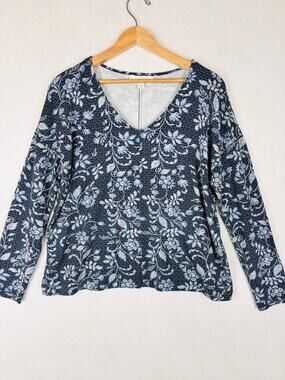 Pure Jill Eco Terry Floral V-Neck Top Blue White Petite Small Long Sleeve Comfy